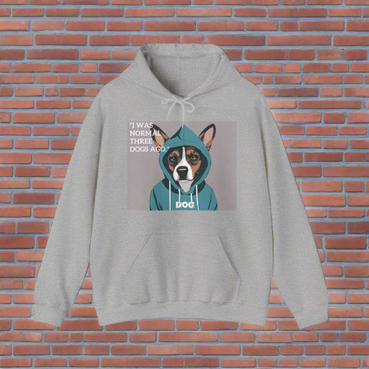 Unisex Heavy Blend™ I was normal three dogs ago Hooded Sweatshirt - Sniff Waggle And Walk gray dog walker top