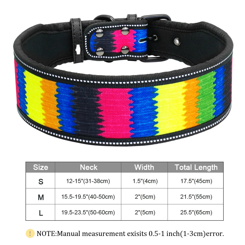 Colorful dog collar with size chart on a white background