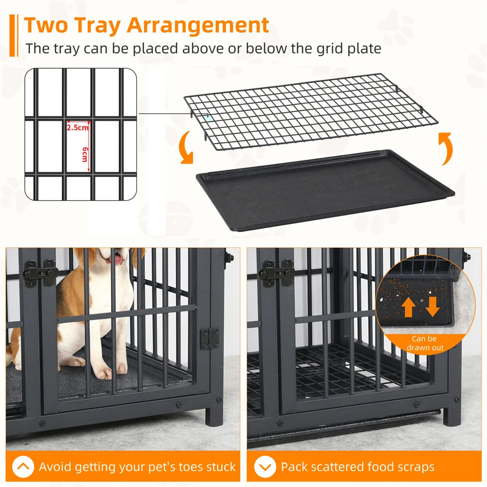 Dog crate with tray arrangement and grid plate features on a white background