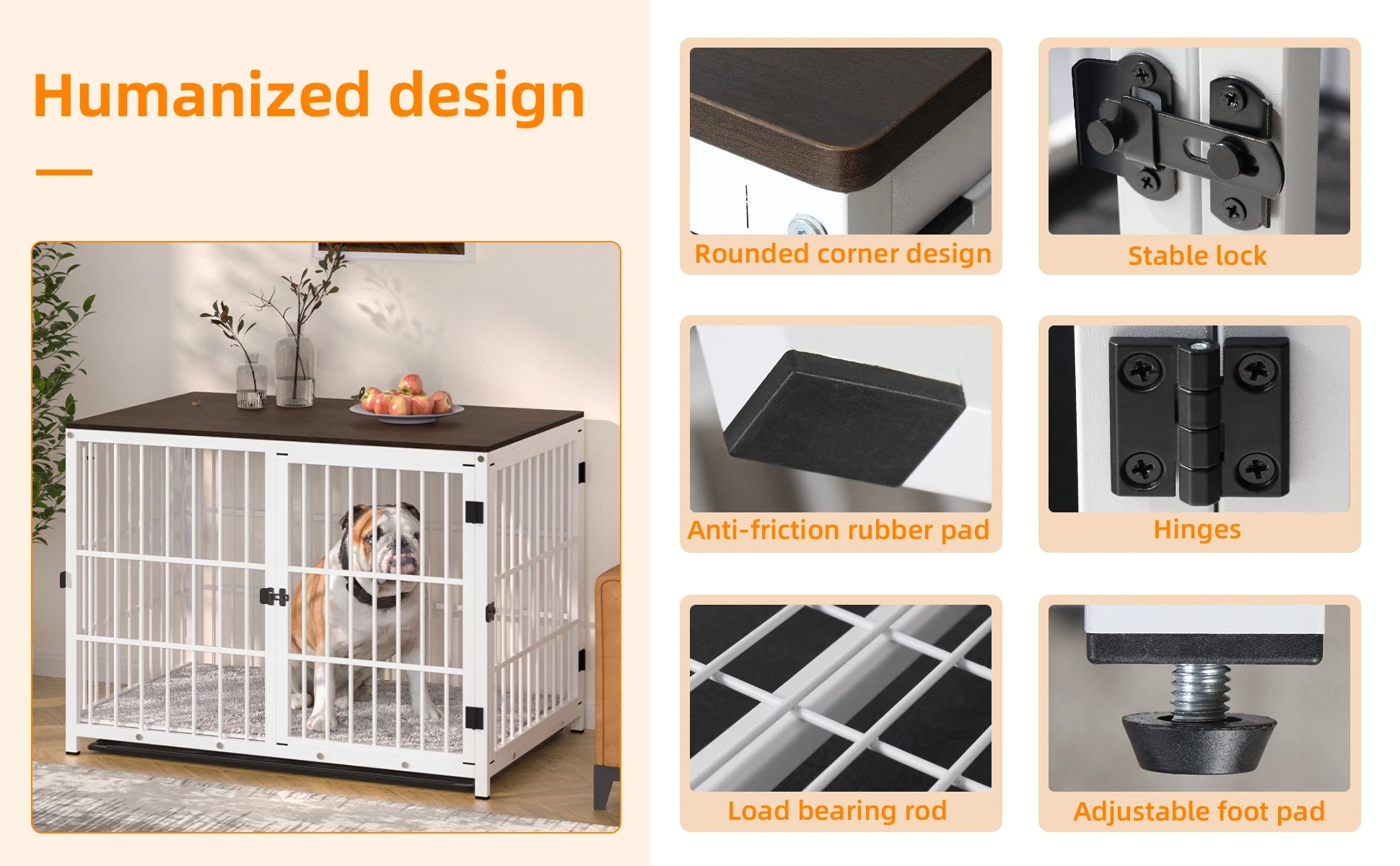 Dog crate with features highlighted on a white background