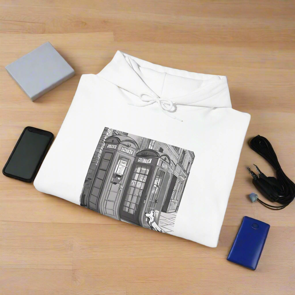 Unisex Heavy Blend™ Dog next to a phone box Hooded Sweatshirt - Sniff Waggle And Walk gift