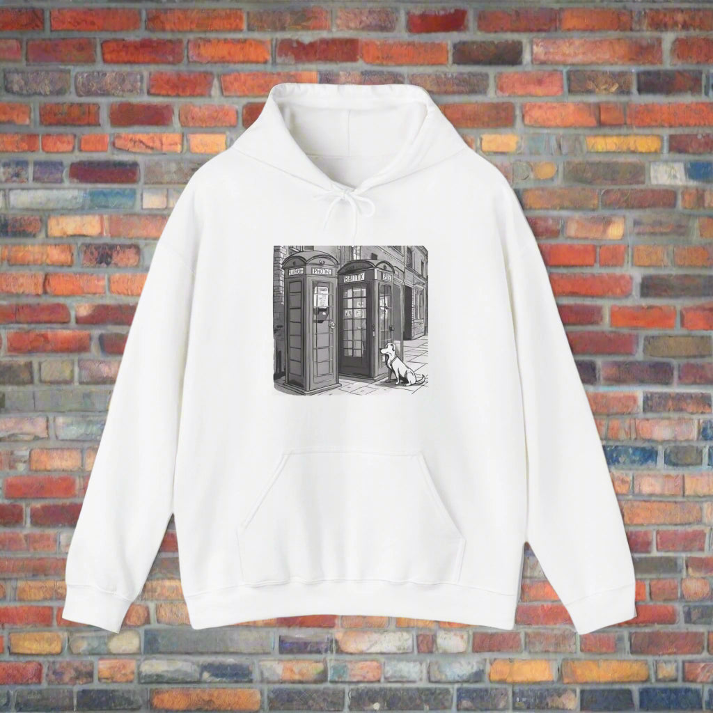 Unisex Heavy Blend™ Dog next to a phone box Hooded Sweatshirt - Sniff Waggle And Walk white