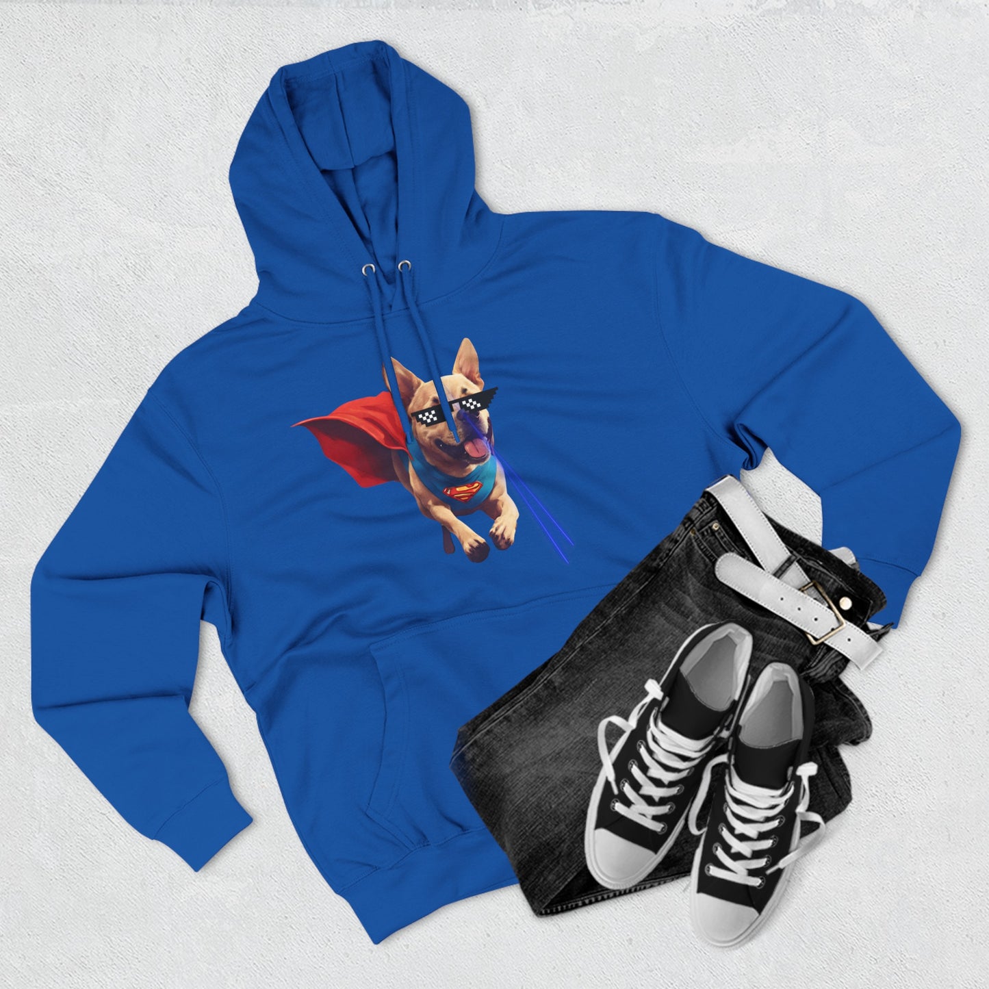 blue dog hoodie dog clothing dog lover hoodie "Super Dog" Three panel Fleece Hoodie - Sniff Waggle And Walk