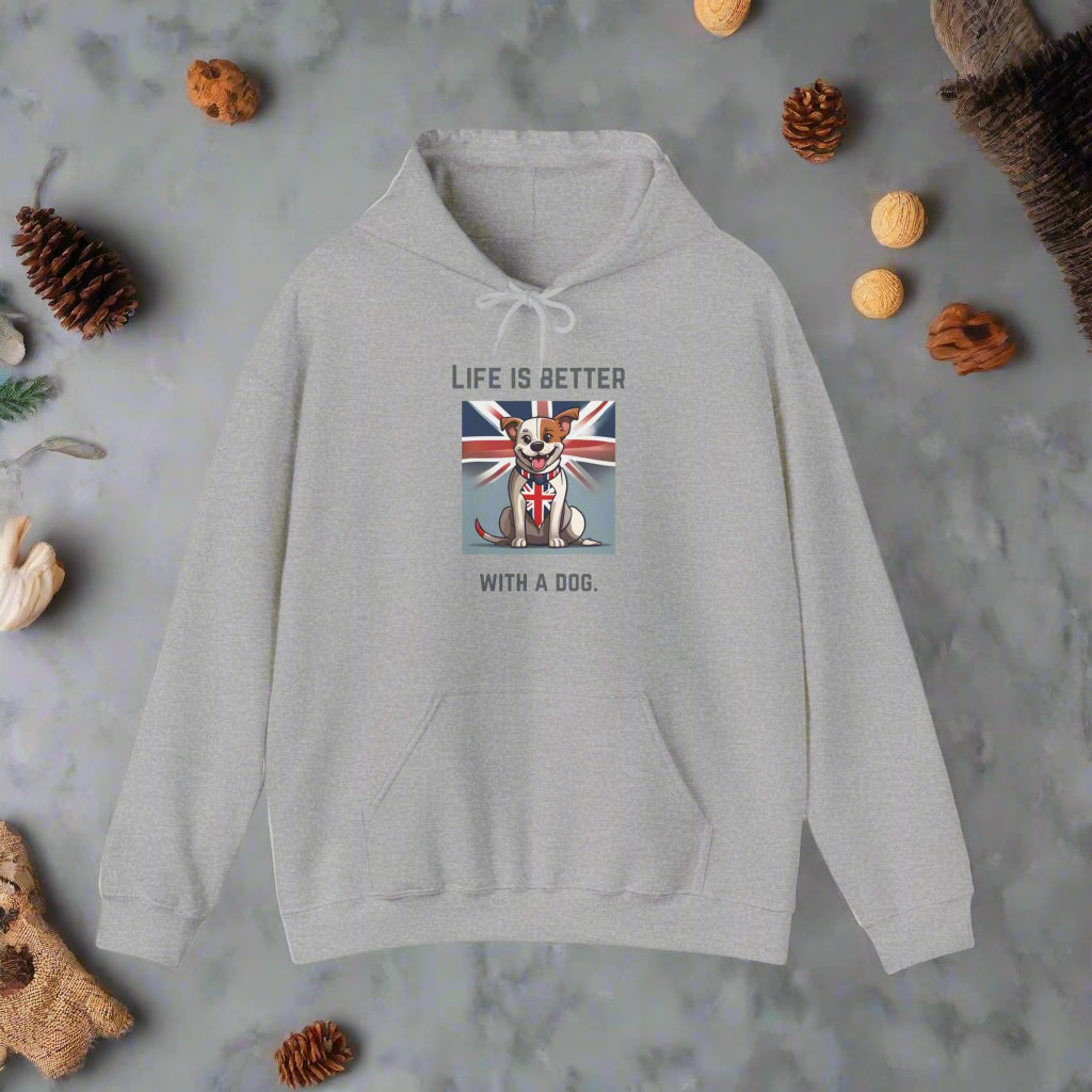 gray"Life is better with a dog." Hooded Sweatshirt - Sniff Waggle And Walk