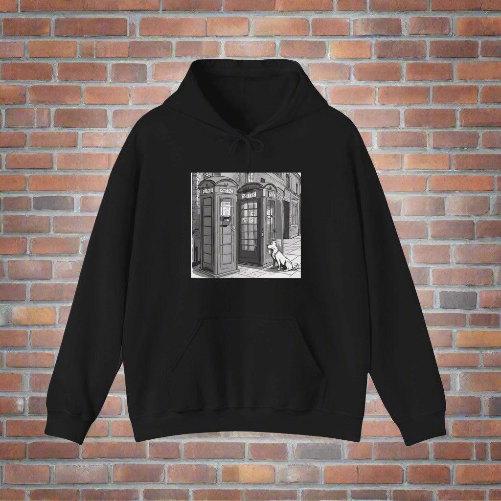 Dog next to a phone box Hooded Sweatshirt - Sniff Waggle And Walk