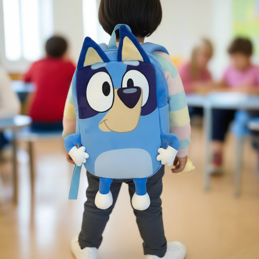 Adorable blue dog cartoon backpack for kids — front view on white background