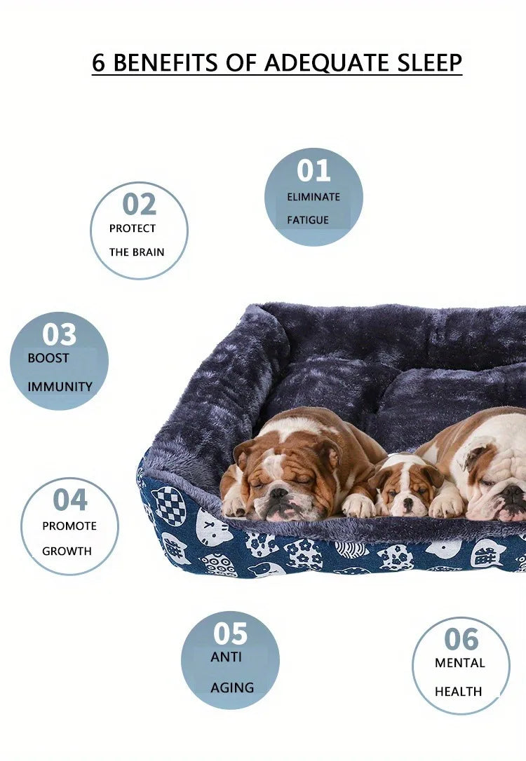 Dog bed with dogs on it and text listing benefits of adequate sleep