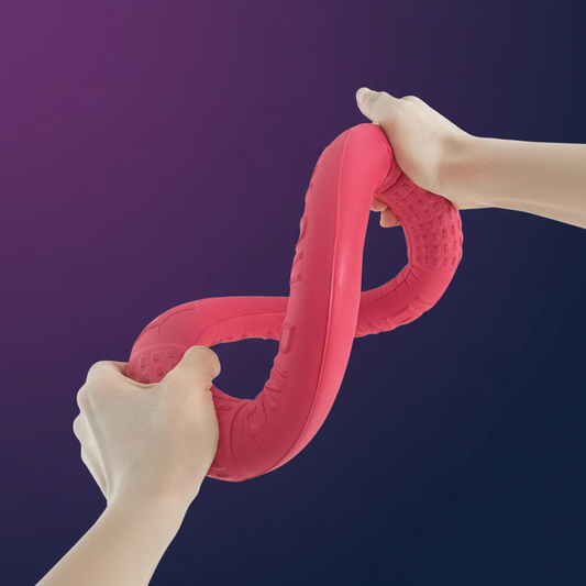 Hands stretching bite-resistant rubber tug ring dog toy showing flexibility — SniffWaggleNWalk TugRing™