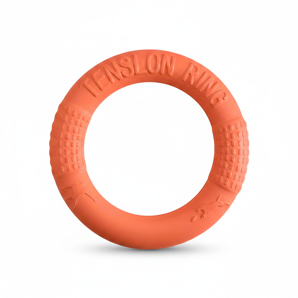 Orange rubber fetch ring dog toy — bite-resistant, floats, non-toxic rubber