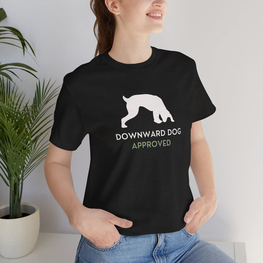 Downward Dog Approved yoga dog t-shirt worn by woman
