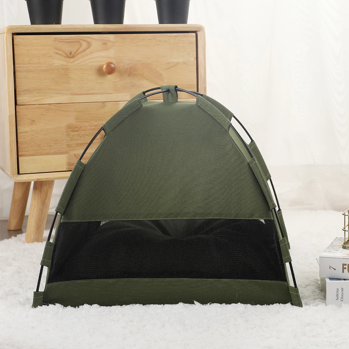 luxury Green cat tent on a white surface with a wooden cabinet in the background