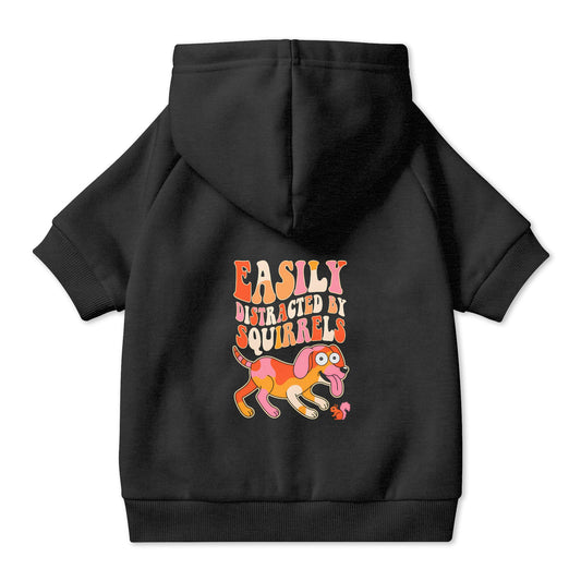 Easily Distracted by Squirrels Dog Hoodie in Black, back view — SniffWaggleNWalk™