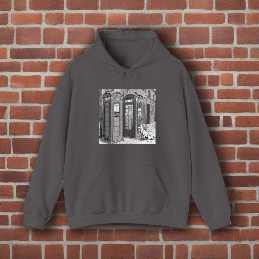 Unisex Heavy Blend™ Dog next to a phone box Hooded Sweatshirt - Sniff Waggle And Walk dog clothes