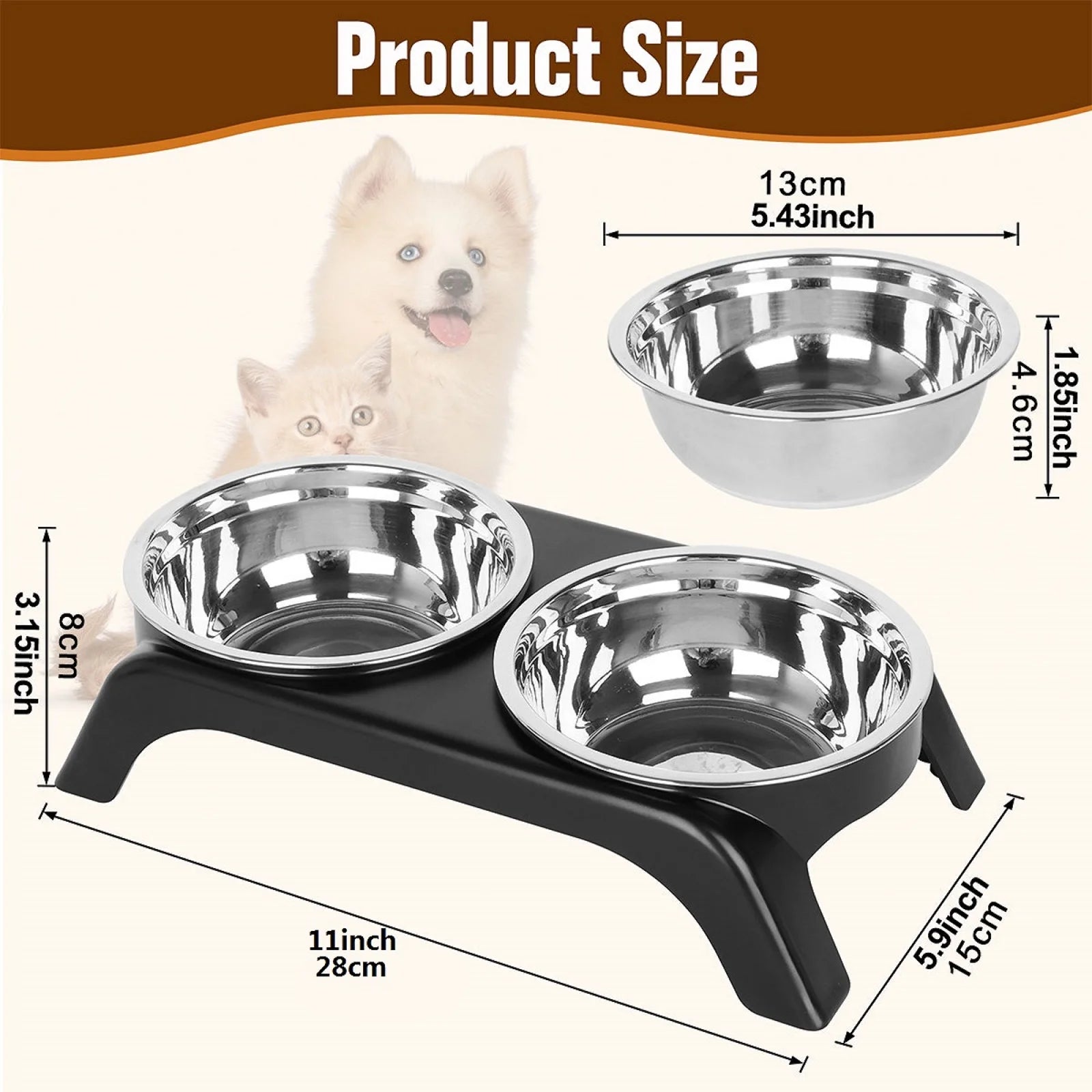 Pet feeding station with stainless steel bowls and black stand, featuring dimensions.