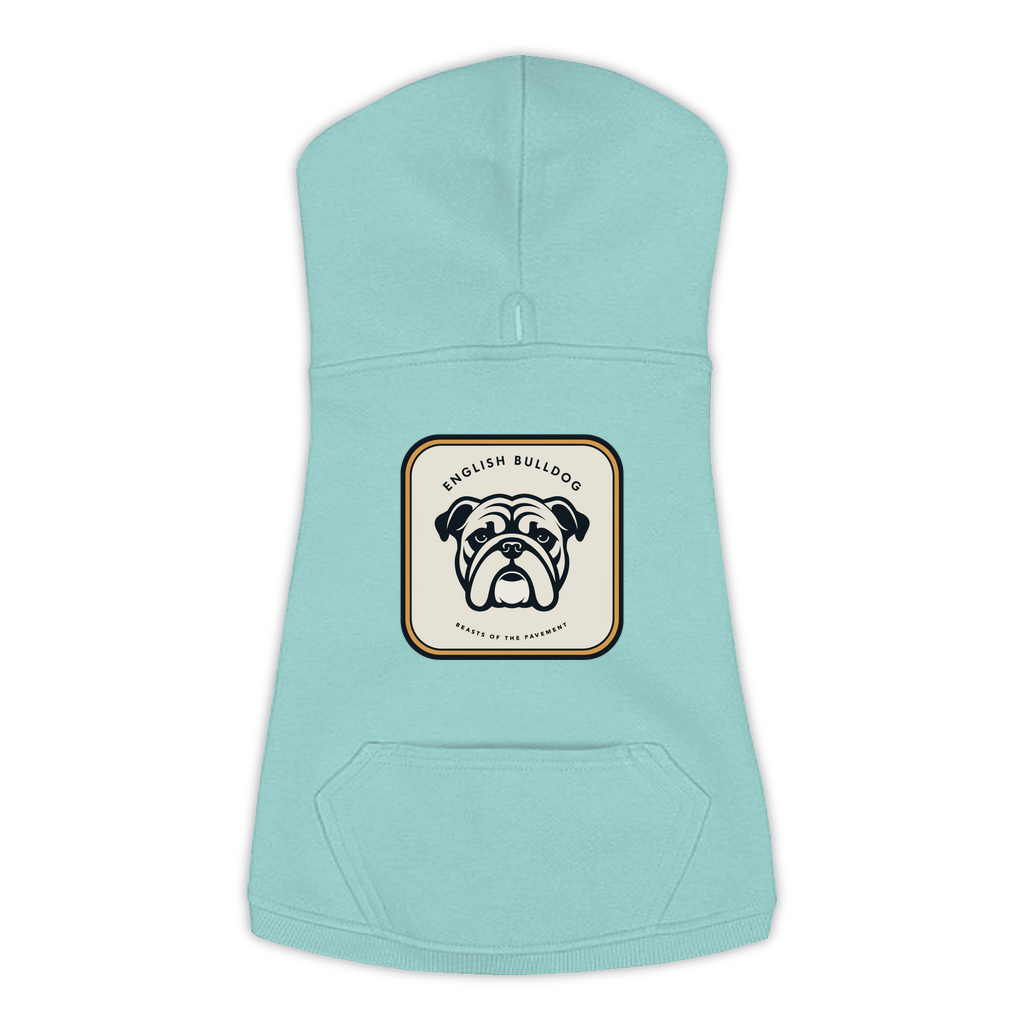 English Bulldog dog hoodie in Saltwater — gold crest emblem print on cosy fleece pullover