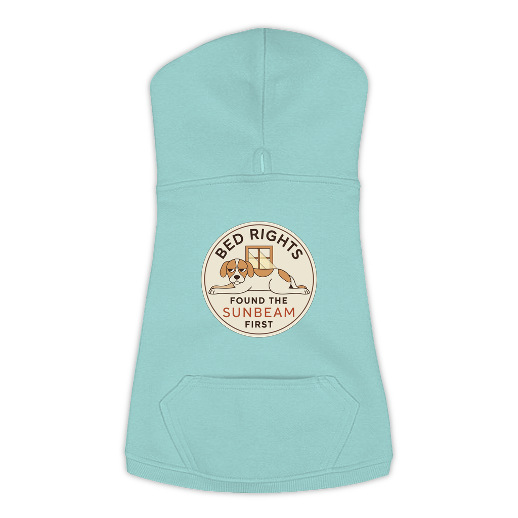 Found The Sunbeam First funny dog hoodie in saltwater blue, sizes L to 3XL