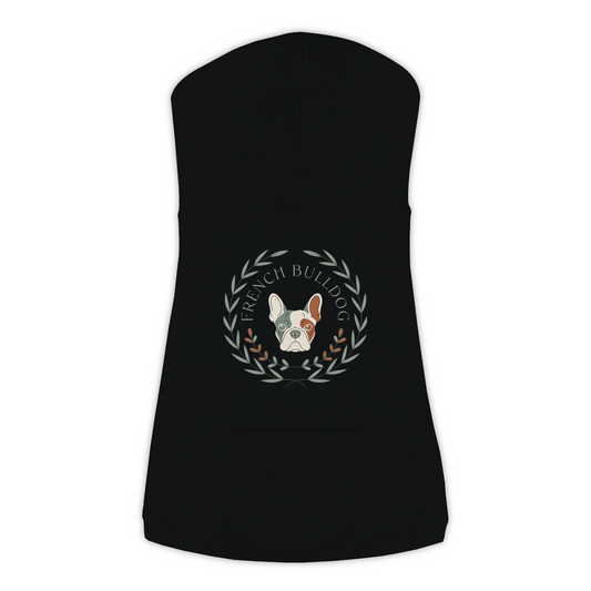 French Bulldog dog hoodie in Black — boho-inspired print on cosy fleece pullover, size L