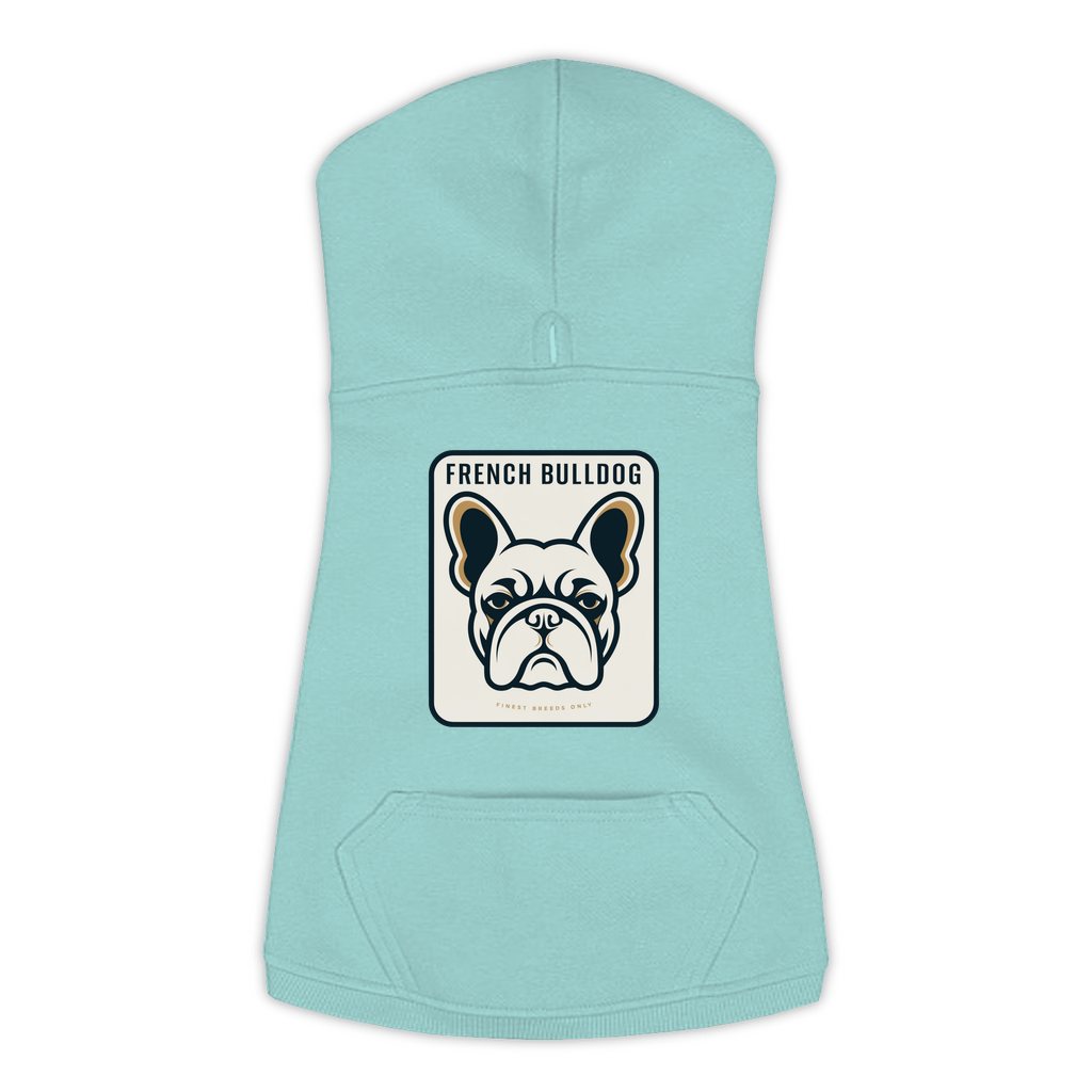 French Bulldog dog hoodie in Saltwater — gold crest emblem print on cosy fleece pullover