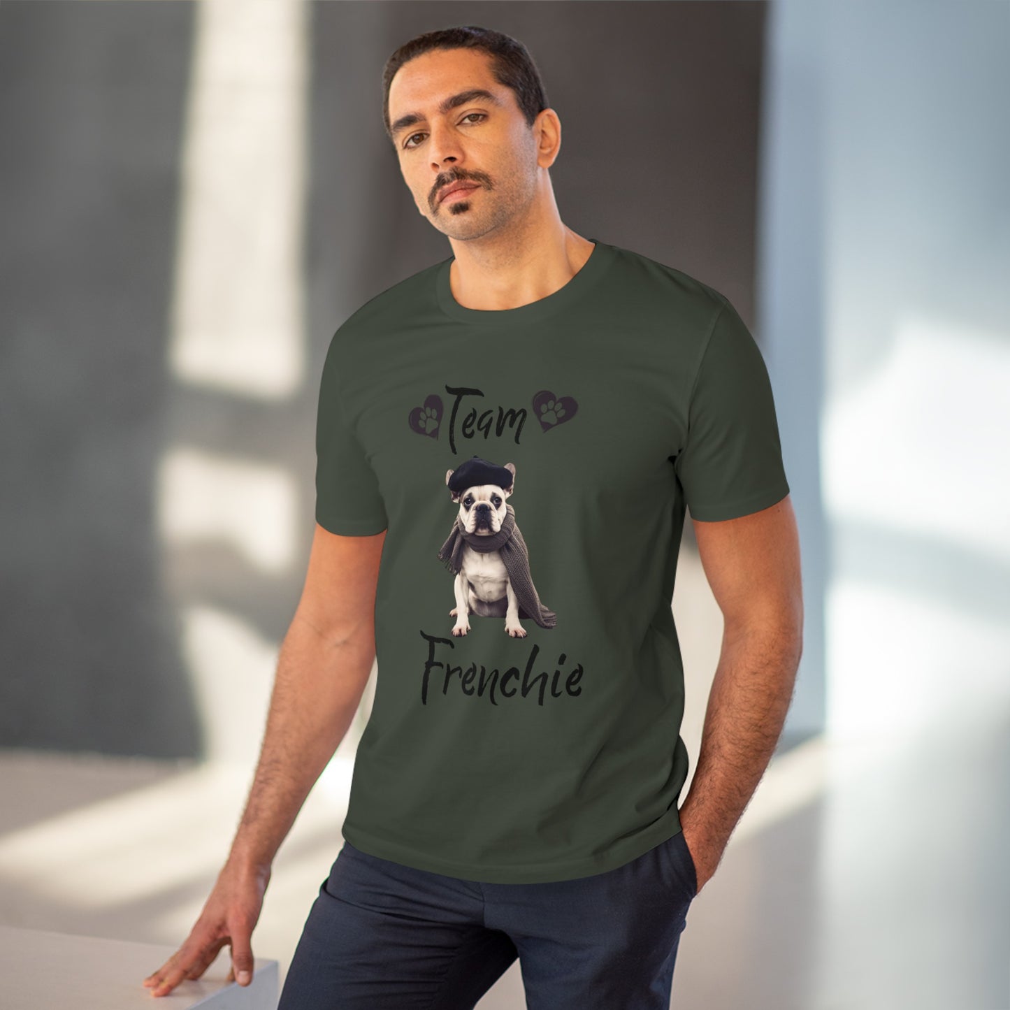 "TEAM FRENCHIE" man weraing french bulldog t-shirt