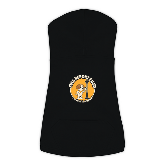 Full Report Filed Dog Hoodie in Black, sizes L to 3XL