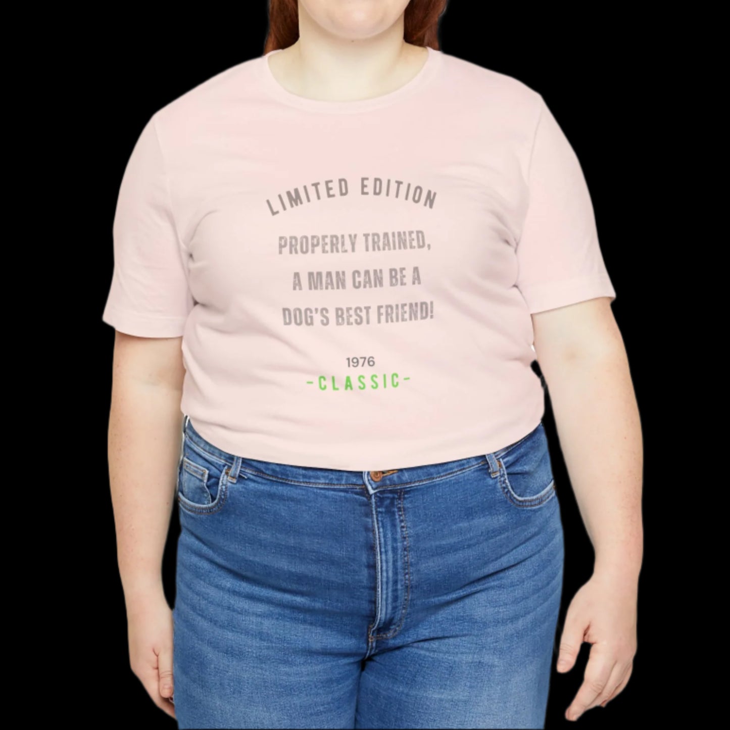 "PROPERLY TRAINED A MAN CAN BE A DOGS BEST FRIEND" Unisex Jersey Short Sleeve T-shirt - Sniff Waggle And Walk peach