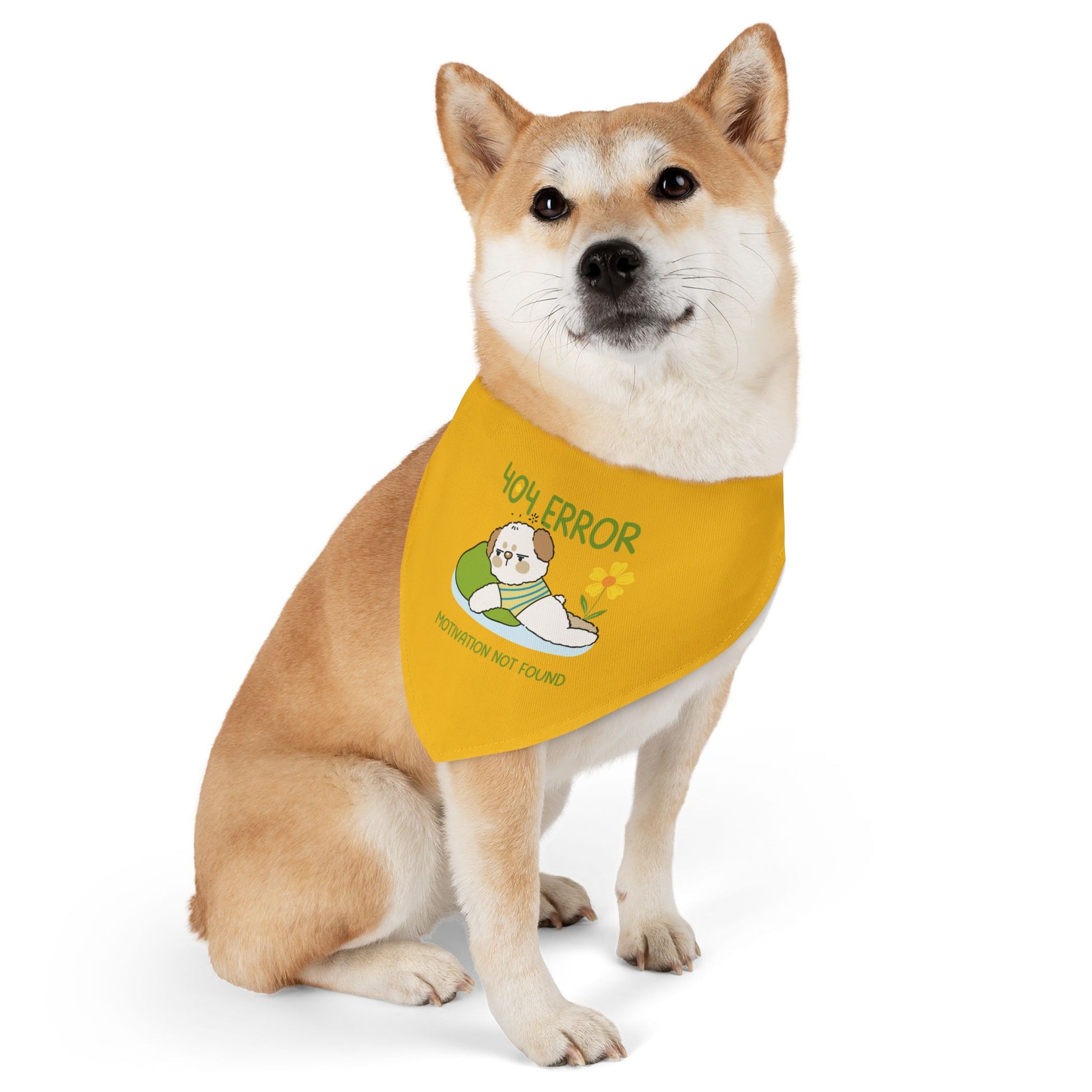Dog wearing a yellow bandana with a graphic and text on a white background
