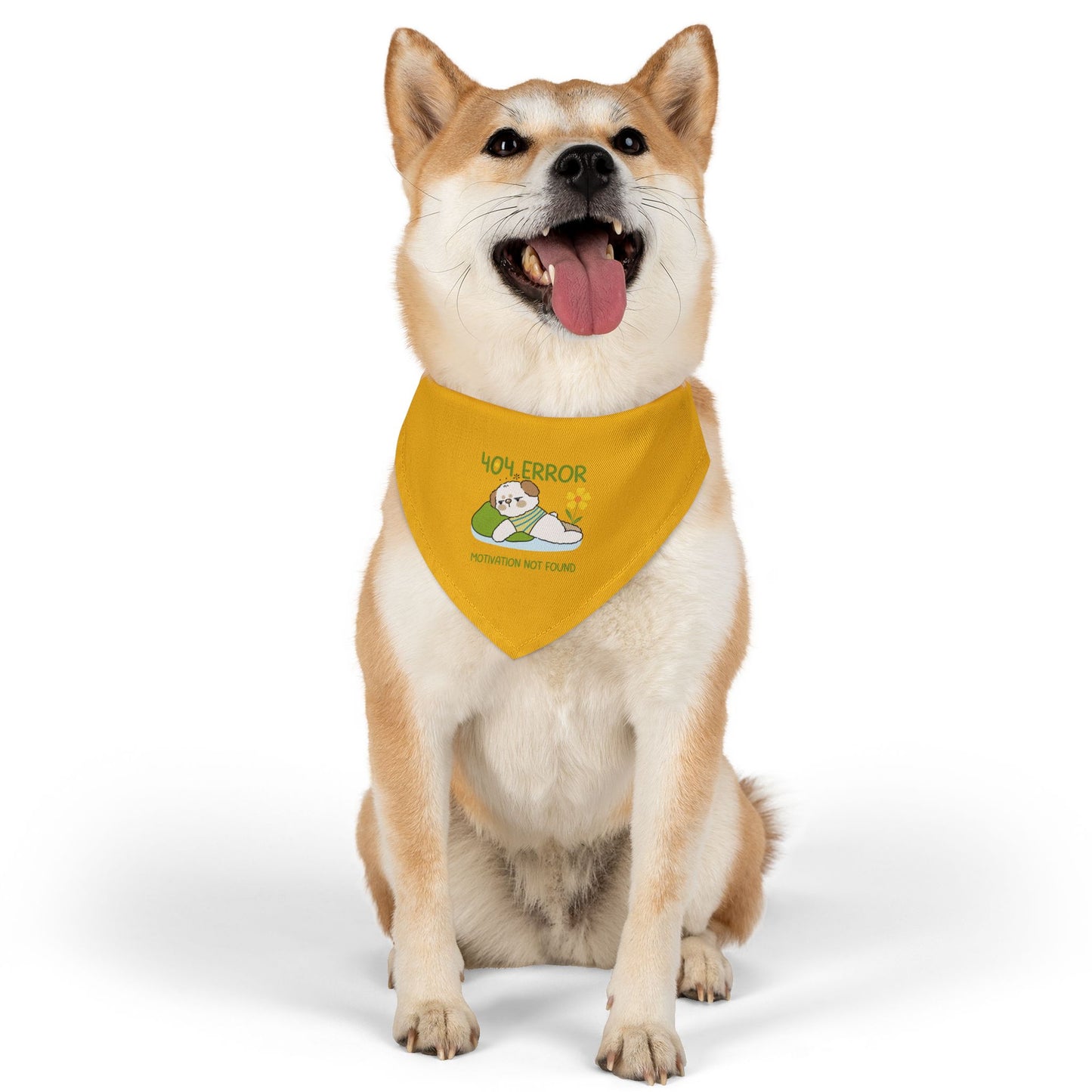 Dog wearing a yellow bandana with text on a white background