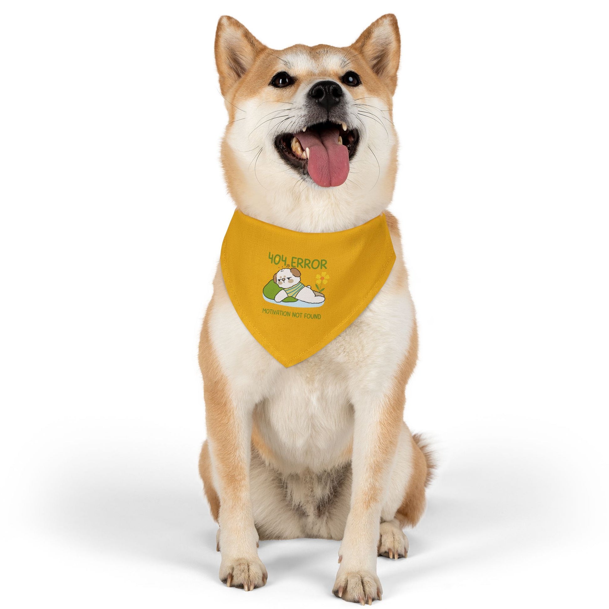 Dog wearing a yellow bandana with text on a white background