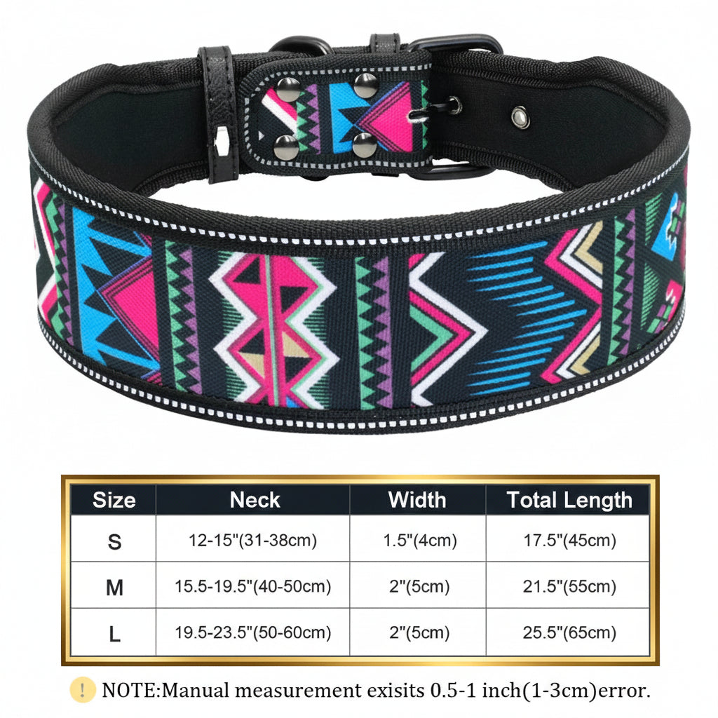 Dog collar with colorful geometric pattern and size chart on a white background