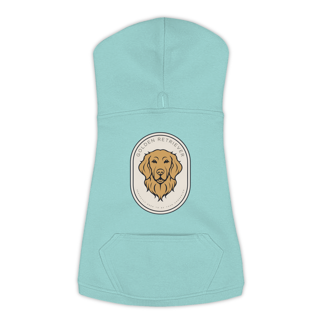 Golden Retriever dog hoodie in Saltwater — gold crest emblem print on cosy fleece pullover
