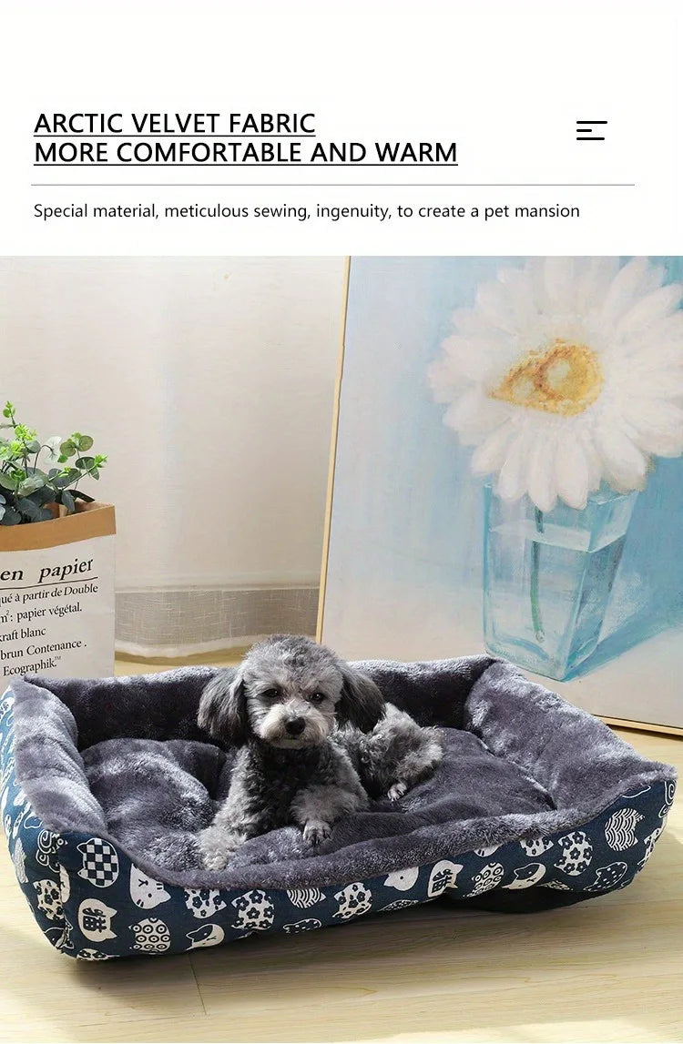 Dog lying on a patterned pet bed with decorative elements in the background