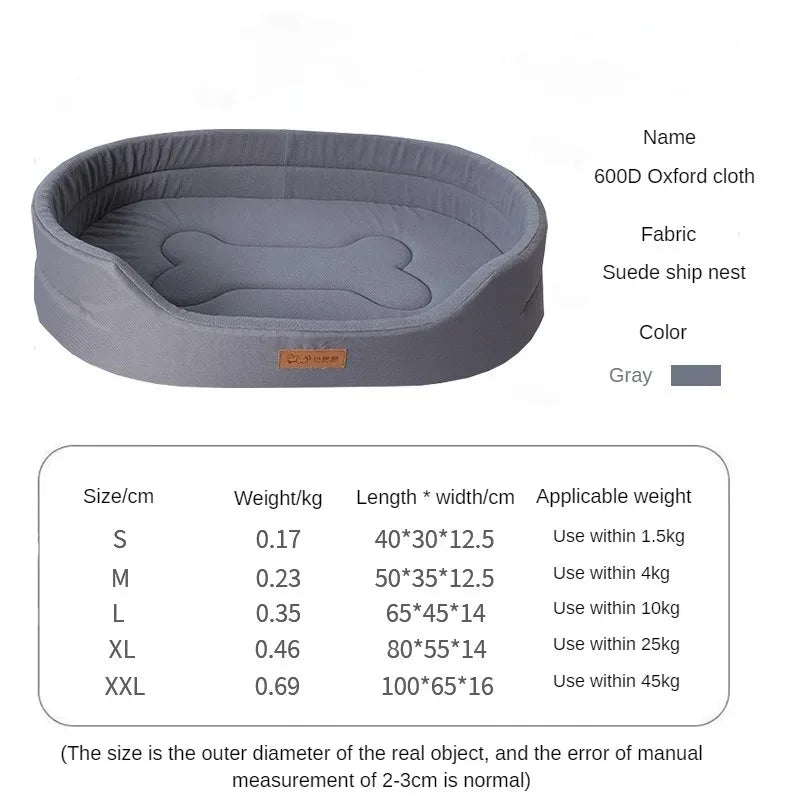 Gray pet bed with size chart on a white background