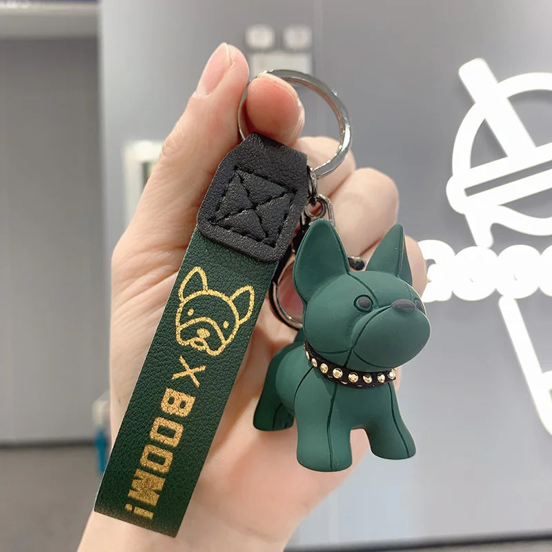 green frenchie Fashion Punk French Bulldog Keychain: Stylish PU Leather Dog Keychain. - Sniff Waggle And Walk
