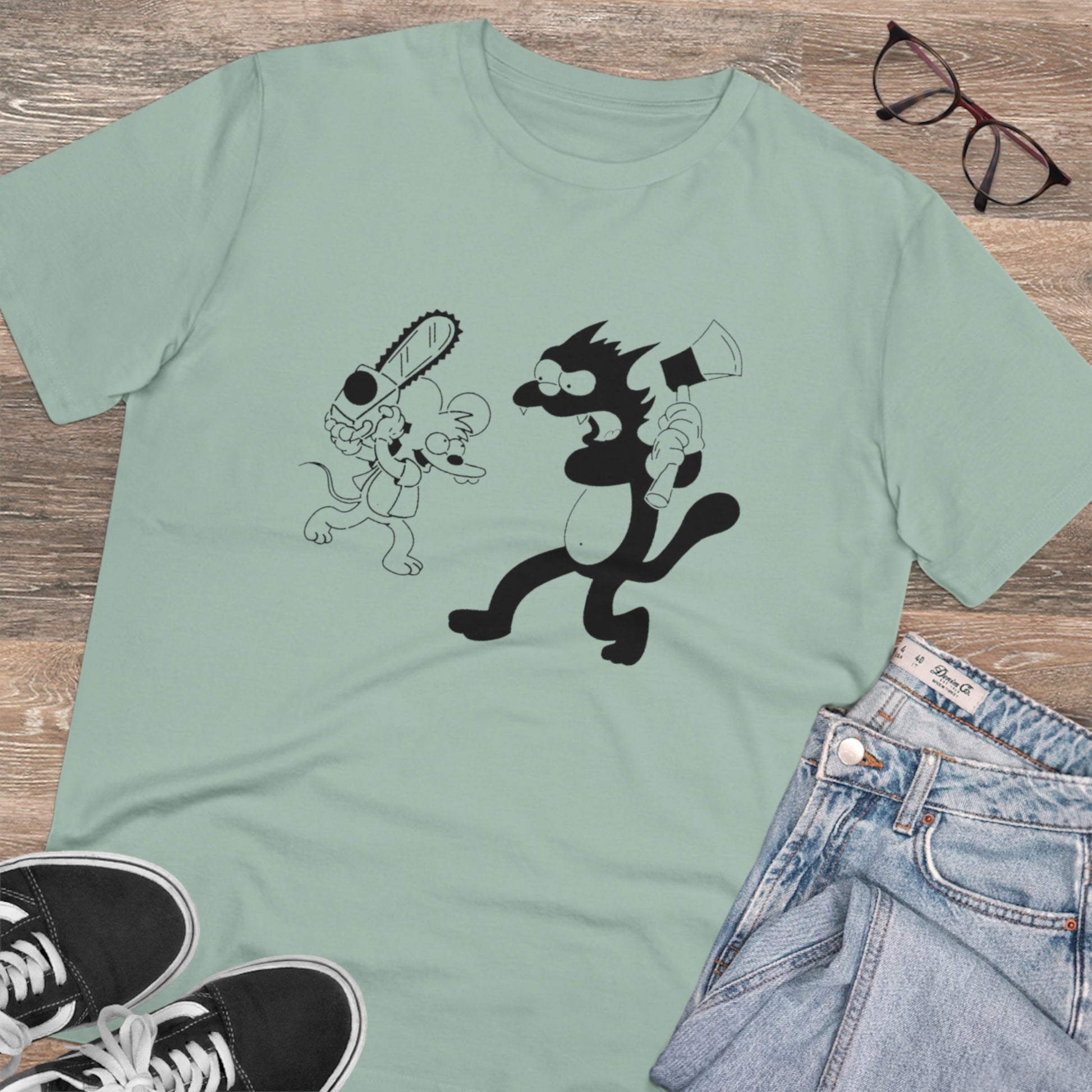 "ITCHY AND SCRATCHY" Organic green itchy and scratchy tshirt