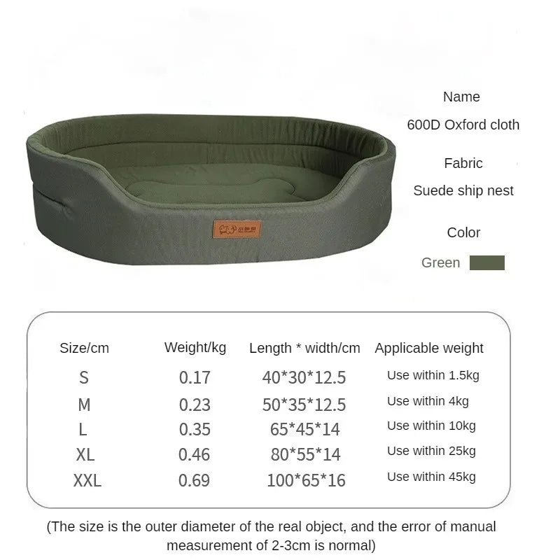Green pet bed with size chart and product details on a white background