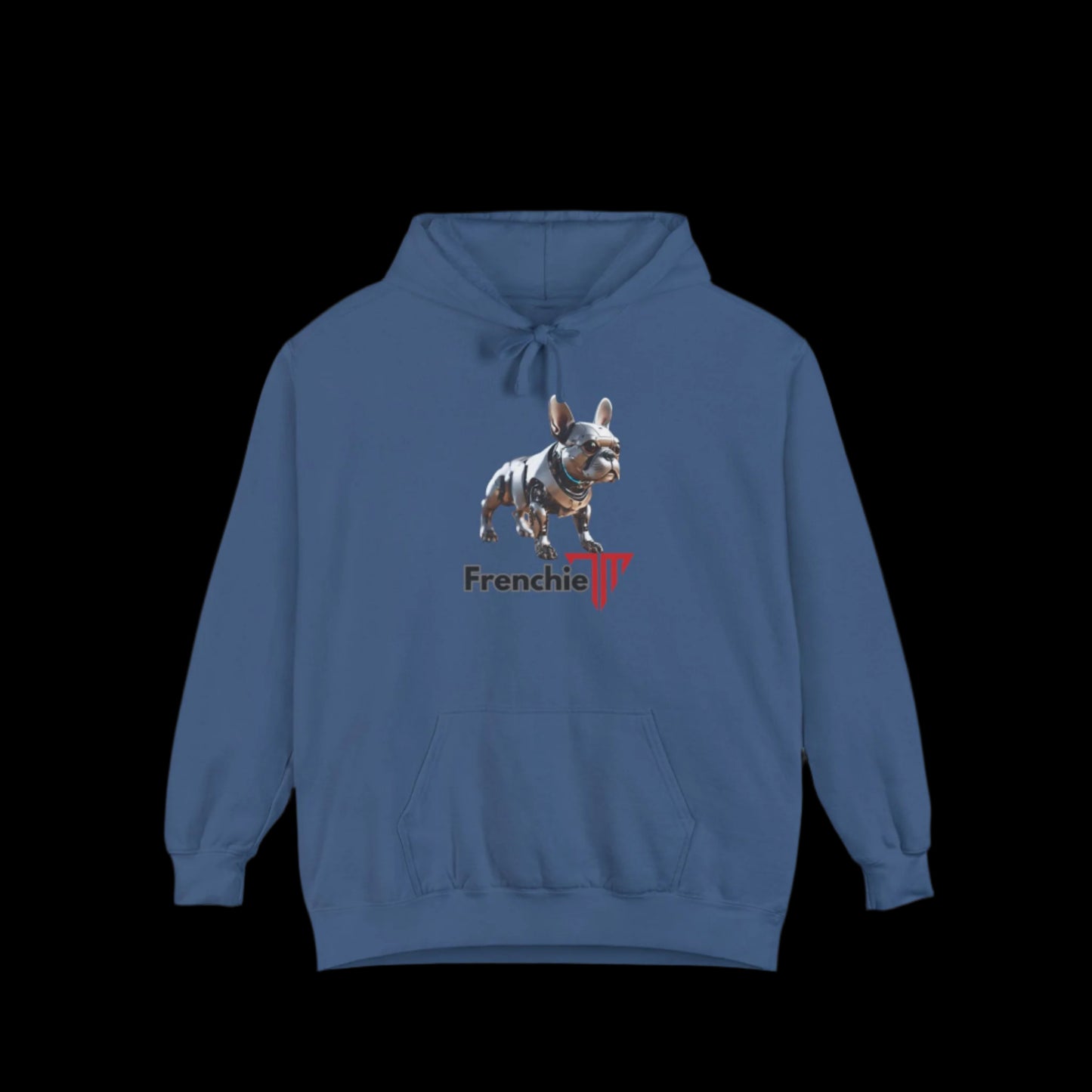 green robot french bulldog hoodie dark blue