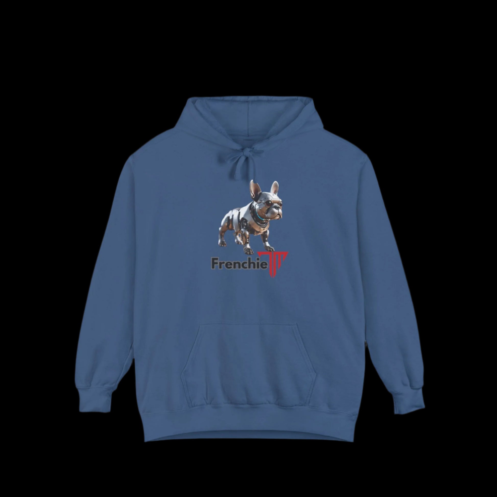 green robot french bulldog hoodie dark blue
