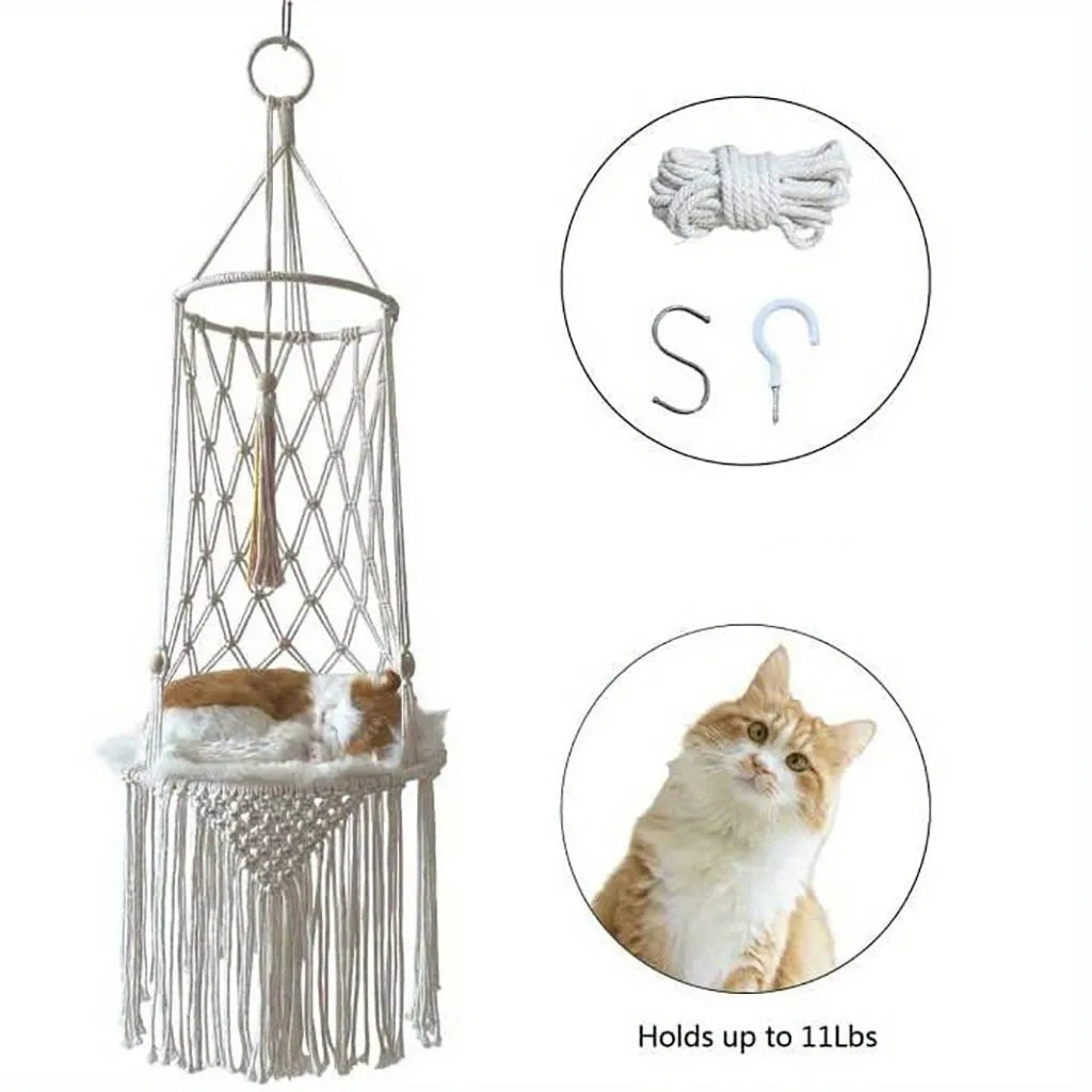 Macrame cat hammock with a cat inside, installation tools, and weight capacity text on a white background.
