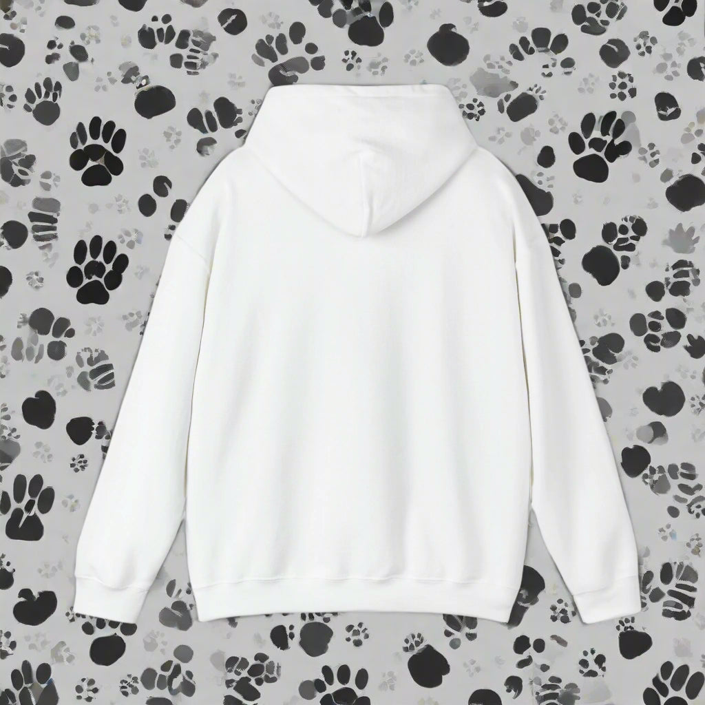 white hood down view dog walking hoodie