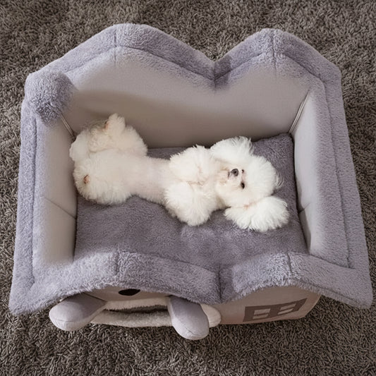 PoshPup CozyCottage plush character pet house bed with thatched roof and ear details — SniffWaggleNWalk