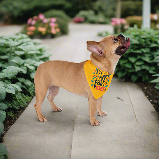 Dog wearing a yellow bandana with im off for a poo text