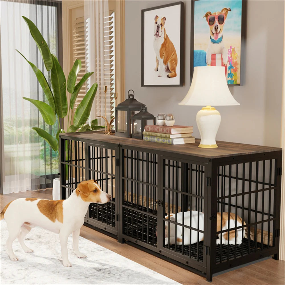 Dog kennel with a dog inside in a living room setting