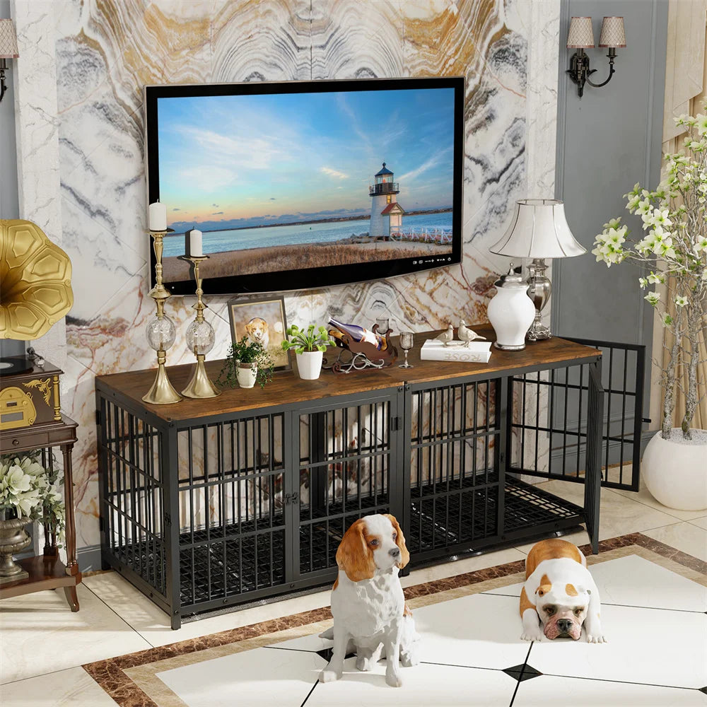 Two dogs in a stylish room with a large TV, marble wall, and decorative items.