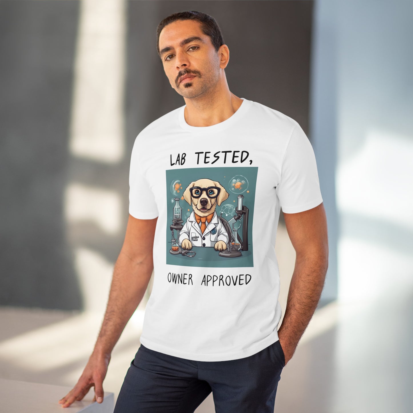 "LAB TESTED OWNER APPROVED" Organic T-shirt - Unisex by sniffwagglenwalk™ - Sniff Waggle And Walk white