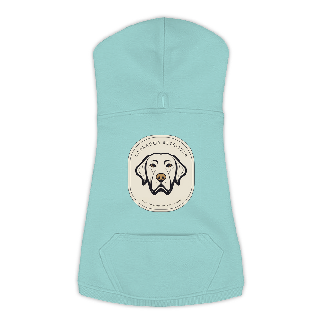 Labrador dog hoodie in Saltwater — gold crest emblem print on cosy fleece pullover