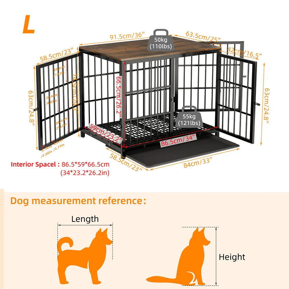 Dog crate with dimensions and measurement reference on a white background