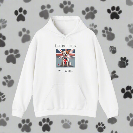 white "Life is better with a dog." Hooded Sweatshirt - Sniff Waggle And Walk