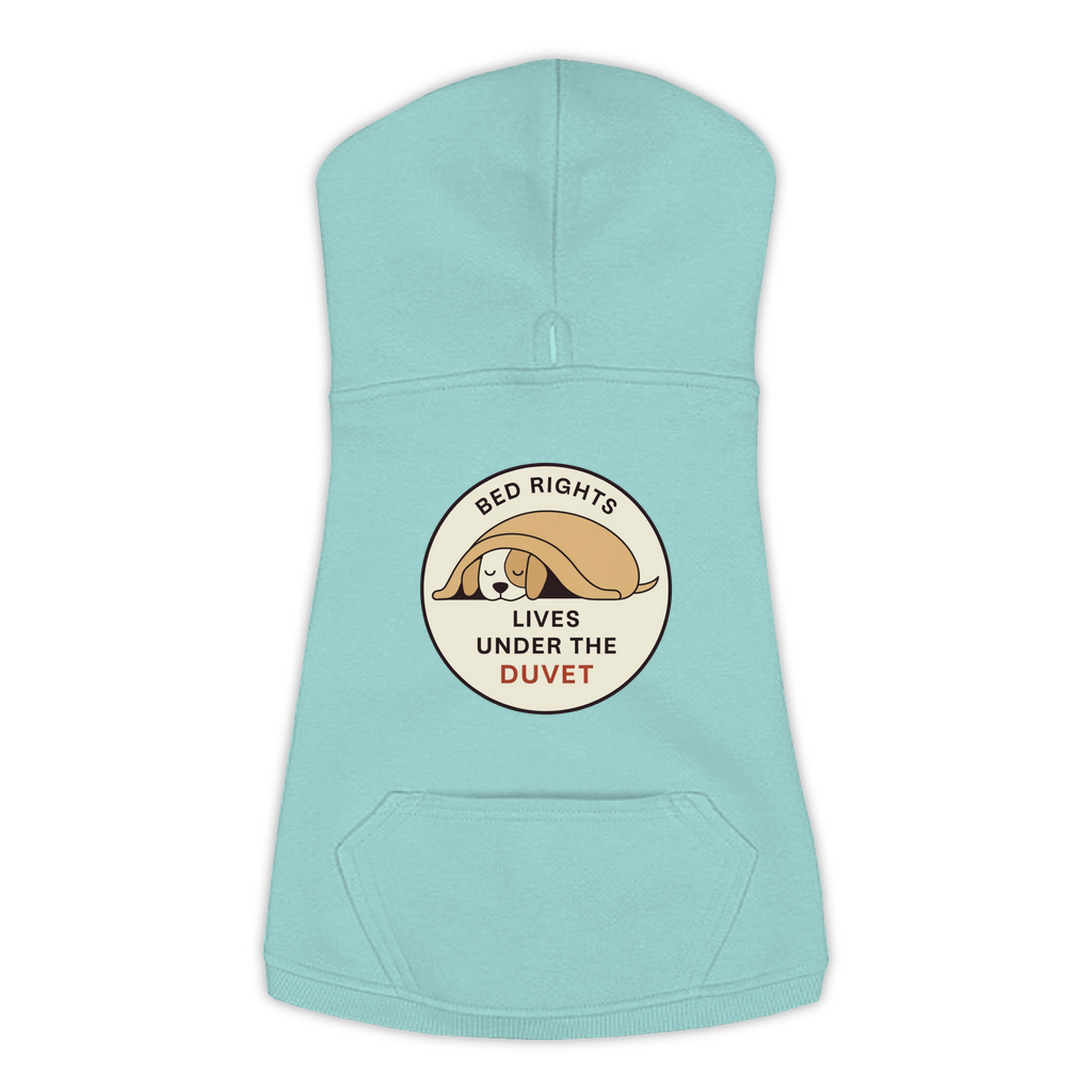 Lives Under The Duvet funny dog hoodie in saltwater blue, sizes L to 3XL