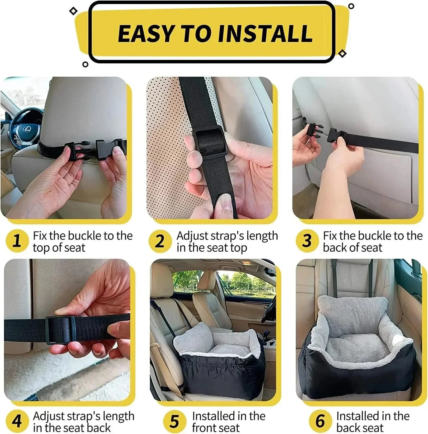 Step-by-step guide on how to install a pet car seat with images and text.
