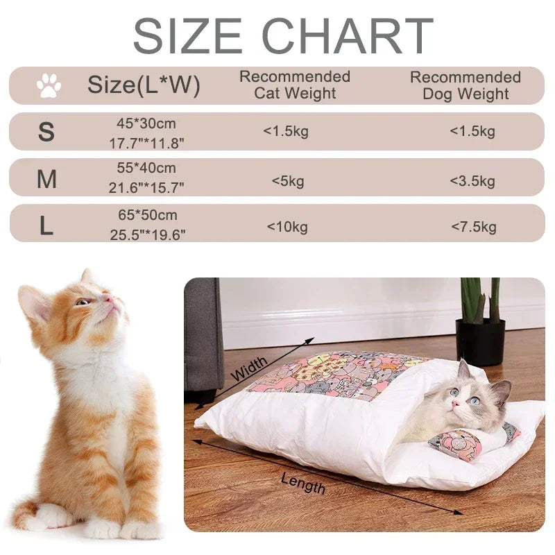 Size chart for pet beds with cat and dog illustrations and measurements.